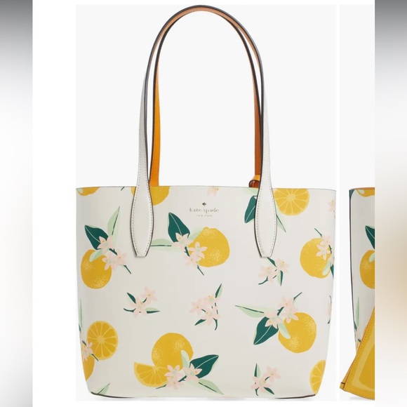 SOLD-Kate Spade Orange Blossom Citrus Print Tote Bag Orange Interior NWT - Picture 3 of 16